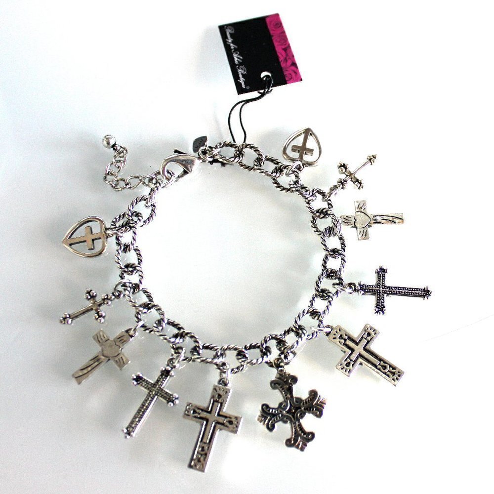 BFA Womens Girls Multi Ornate 11 Cross Charms Link Silver Heart Love Bracelet - Picture 4 of 13